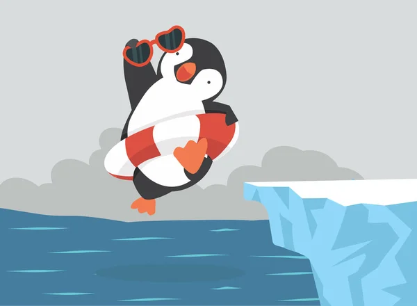 Rajzfilm Pingvin Felfújható Gyűrű Ugrás Iceberg — Stock Vector