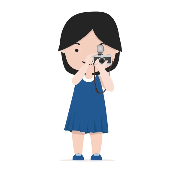 Petite Fille Avec Appareil Photo Prend Des Photos — Image vectorielle