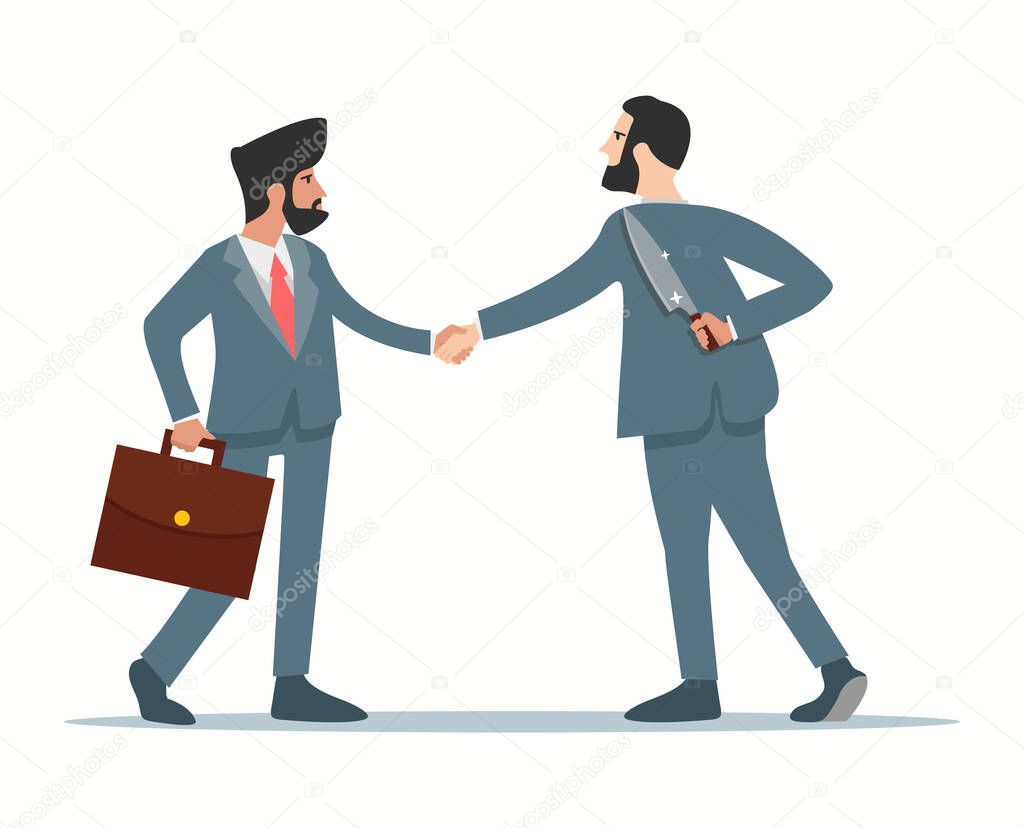 Business partner holds a knife in hand with shaking hands
