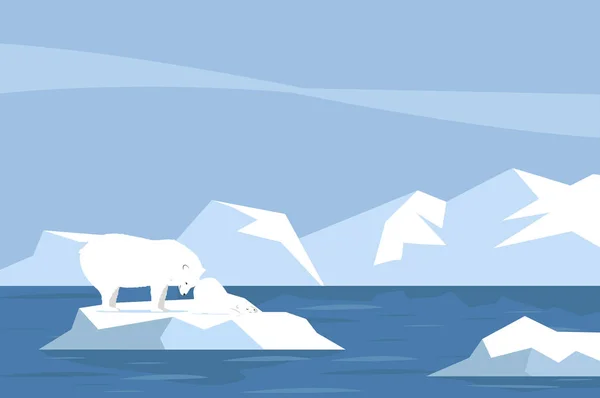 北极北极景观与北极熊和幼熊 — 图库矢量图片