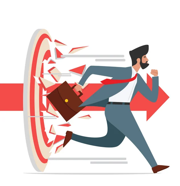 Business Man Character Run Rompiendo Tiro Con Arco Objetivo Para — Vector de stock