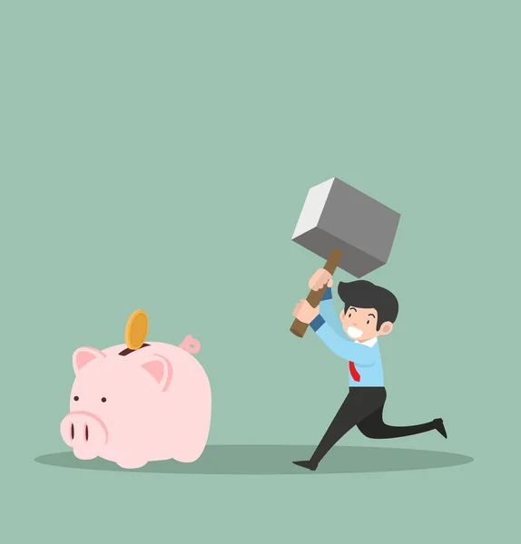 Businessman Hammer Breaking Piggy Bank Concept — Stock Vector