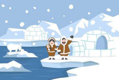 Eskimo Igloo buz evi ailesiyle Kuzey Kutbu manzarası