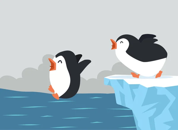 Söta Pingviner Hoppar Iceberg Bakgrund — Stock vektor