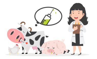 Genç veteriner kadın tavuk, inek ve domuzla yan yana duruyor.