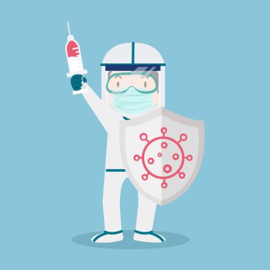 Kalkanlı ve Şırıngalı PPE Kostüm Giyen Doktor