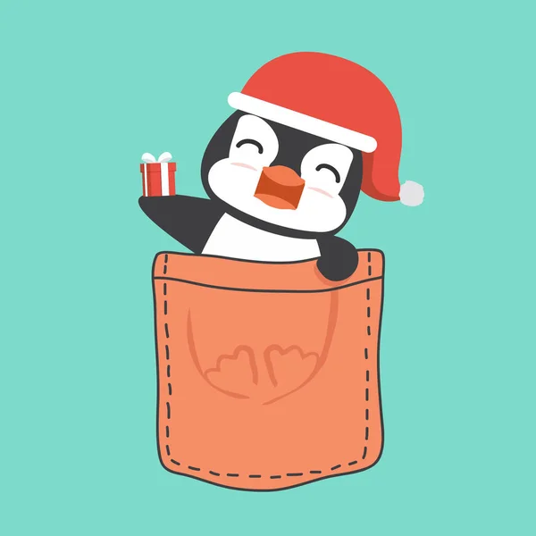 Pingüino Santa Claus Con Caja Regalo Vector Bolsillo — Archivo Imágenes Vectoriales