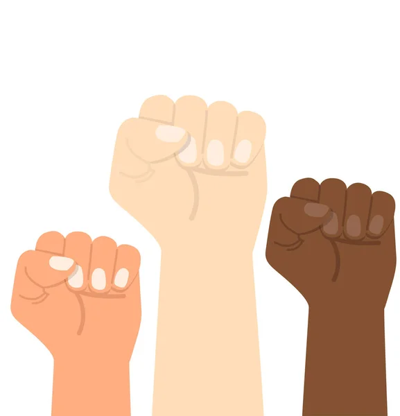 Hand Raised Fists Different Colors Vector Illustrations — Stock Vector