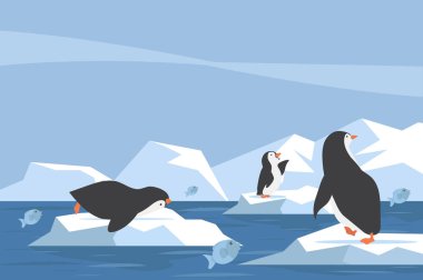 North pole Arctic penguin  iceberg with fish  clipart
