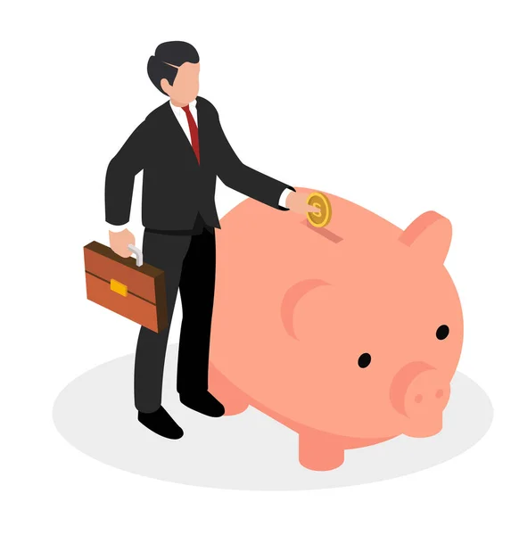 Επιχειρηματίας Στέκεται Pigggy Αποταμιεύσεις Τραπεζών Ισομετρική — Διανυσματικό Αρχείο