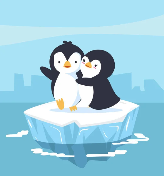 かわいいペンギンカップルとともに青い氷 — ストックベクタ