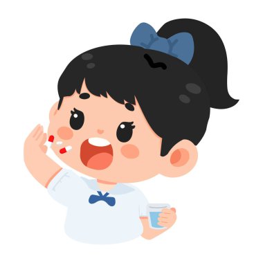  Cam karikatürle hap alan bir kızın resmi.