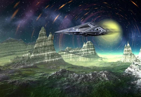 Renderizado Fantasia Alien Paisagem Com Nave Espacial Ilustração — Fotografia de Stock