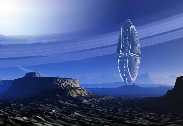 Renderizado Fantasia Alien Paisagem Com Nave Espacial Ilustração — Fotografia de Stock