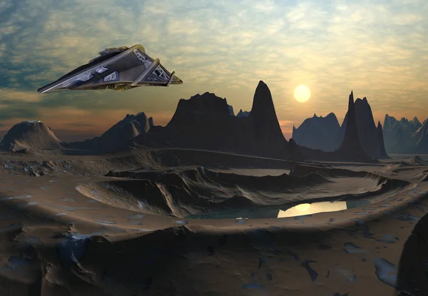 Rendered Fantasy Alien Landscape Con Astronave Illustrazione — Foto Stock