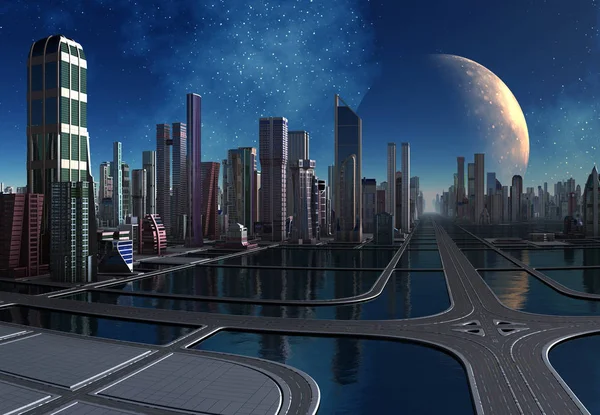 Renderowane Futurystyczne Miasto Ilustracja — Zdjęcie stockowe