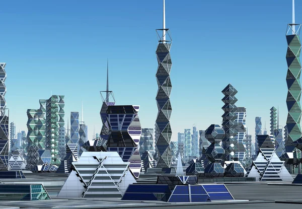 Renderizado Futuristic City Skyline Ilustração — Fotografia de Stock