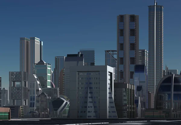 Renderowane Futurystyczny Miasto Skyline Ilustracja — Zdjęcie stockowe