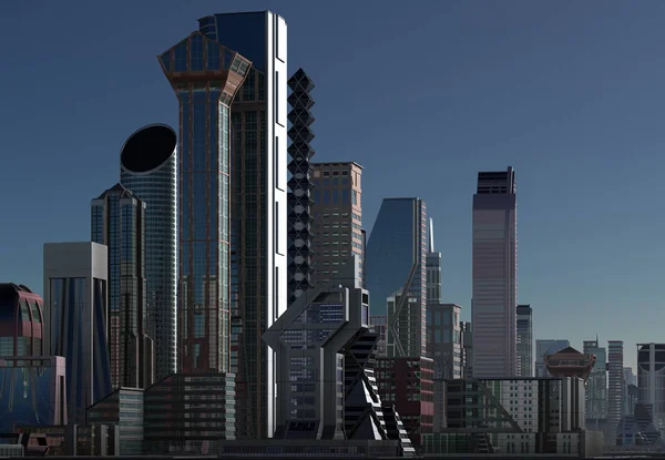 Renderizado Futuristic City Skyline Ilustração — Fotografia de Stock