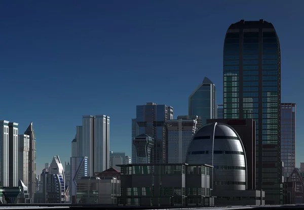 Renderowane Futurystyczny Miasto Skyline Ilustracja — Zdjęcie stockowe