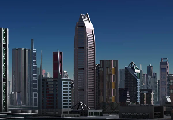 Renderowane Futurystyczny Miasto Skyline Ilustracja — Zdjęcie stockowe