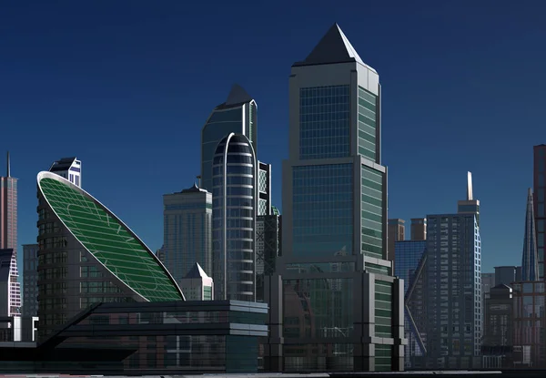 Renderowane Futurystyczny Miasto Skyline Ilustracja — Zdjęcie stockowe