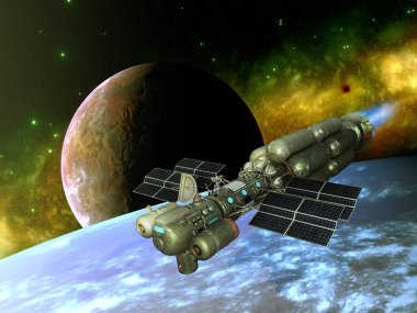 Uzay gemisi ile 3d Rendered Fantasy Alien Space Scene - 3d İllüstrasyon