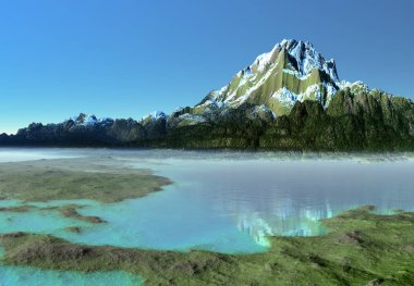 Bir Göl ile 3d Rendered Fantasy Dağ Manzara - 3d İllüstrasyon