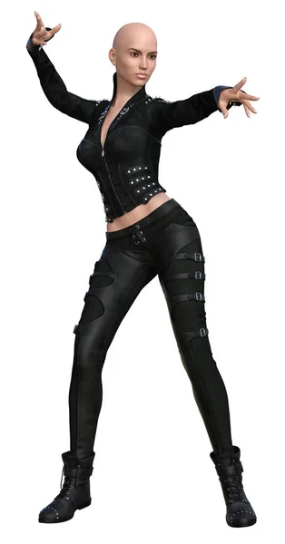 黒い革の服を着た3Dレンダリングされた女性 3Dイラスト — ストック写真