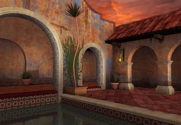 3D Rendered Fantasy Scene with Spanish House at Sunset - 3D Illustration