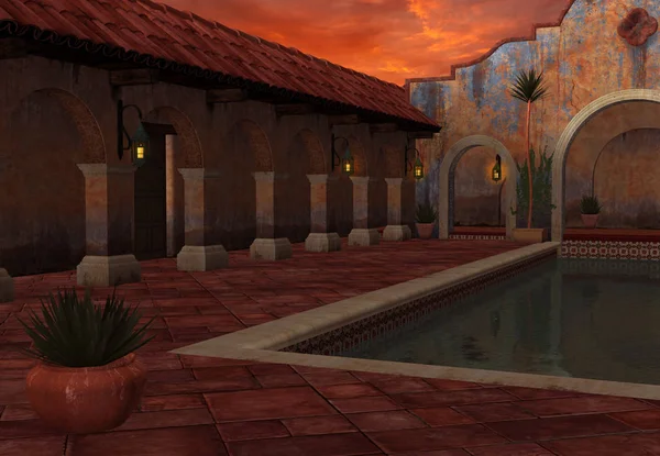 3D Rendered Fantasy Scene with Spanish House at Sunset - 3D Illustration