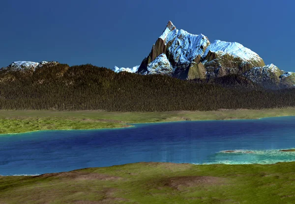 湖と3Dレンダリングファンタジーマウンテン風景 3Dイラスト — ストック写真