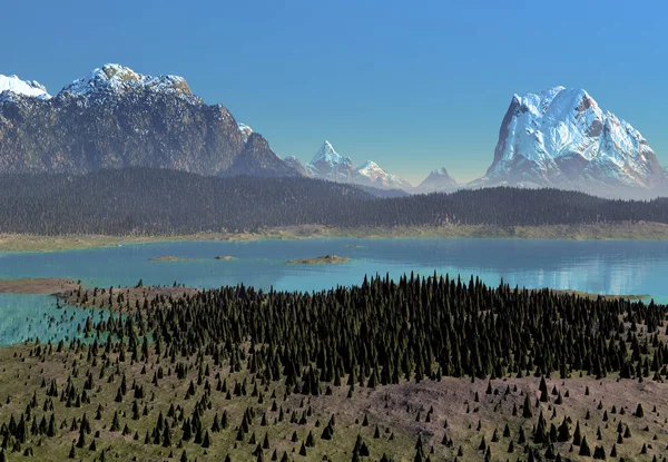 Paisaje Montaña Fantasía Representado Con Lago Ilustración — Foto de Stock