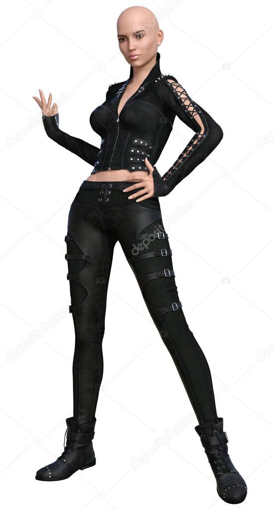 3D Rendered Woman with Black Leather Clothing - 3D Illustration