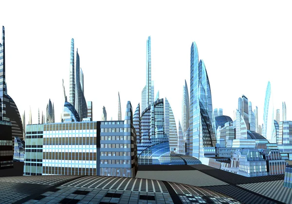 Rendered Futuristic City Skyline Sfondo Bianco Illustrazione — Foto Stock