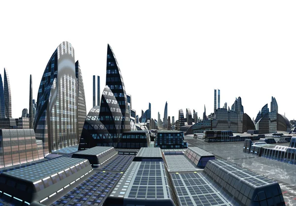 Renderizado Futuristic City Skyline Fundo Branco Ilustração — Fotografia de Stock