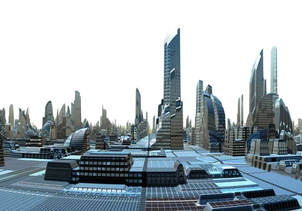 Renderizado Futuristic City Skyline Fundo Branco Ilustração — Fotografia de Stock
