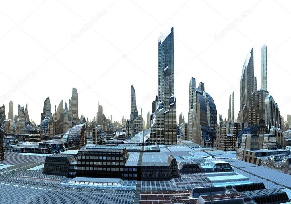 3D Rendered Futuristic City Skyline on White Background - 3D Illustration