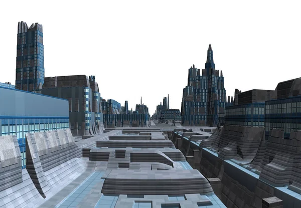 白い背景に3Dレンダリング未来都市スカイライン 3Dイラスト — ストック写真