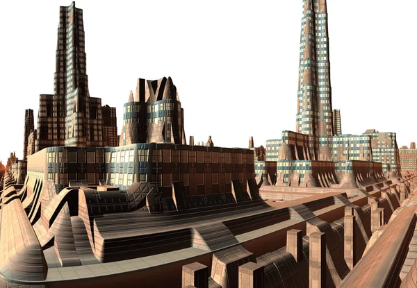 白い背景に3Dレンダリング未来都市スカイライン 3Dイラスト — ストック写真