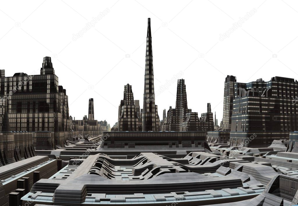 3D Rendered Futuristic City Skyline on White Background - 3D Illustration