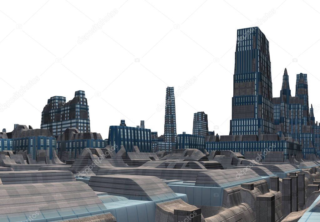 3D Rendered Futuristic City Skyline on White Background - 3D Illustration