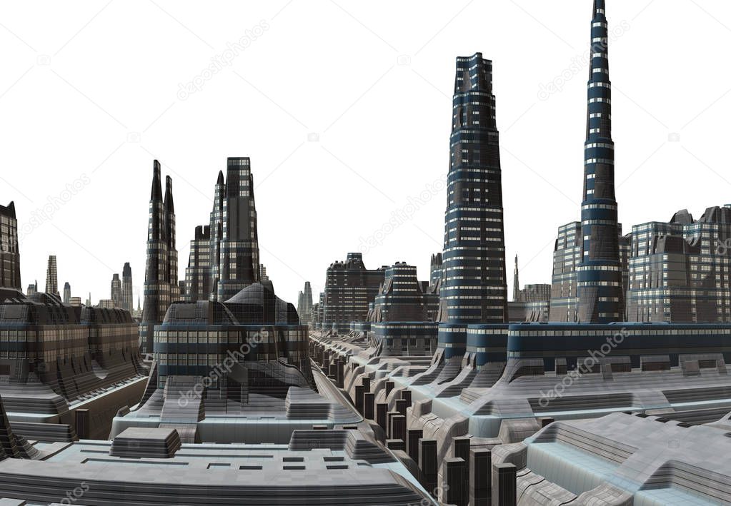 3D Rendered Futuristic City Skyline on White Background - 3D Illustration