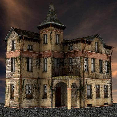 3d gece eski terk edilmiş bina render - 3d İllüstrasyon
