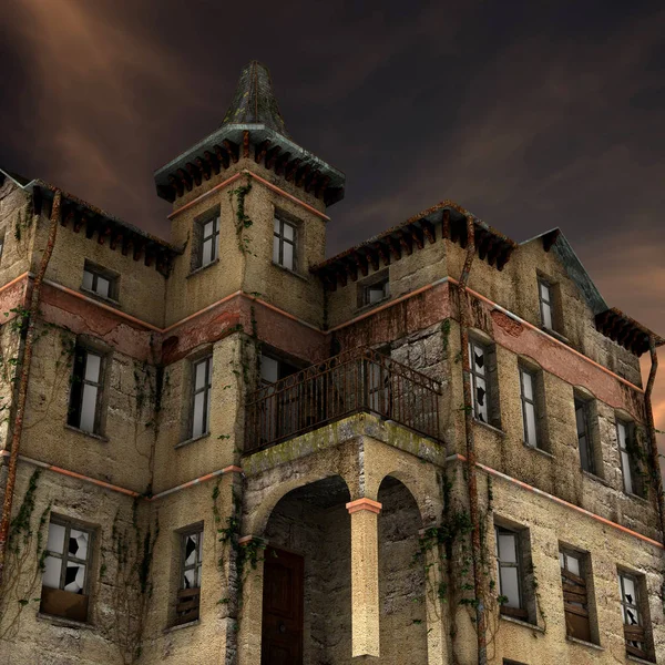 Edifício Abandonado Antigo Renderizado Noite Ilustração — Fotografia de Stock