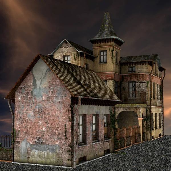 Αποδιδμένο Παλιό Εγκαταλελειμμένο Κτίριο Νύχτα Εικονογράφηση — Φωτογραφία Αρχείου