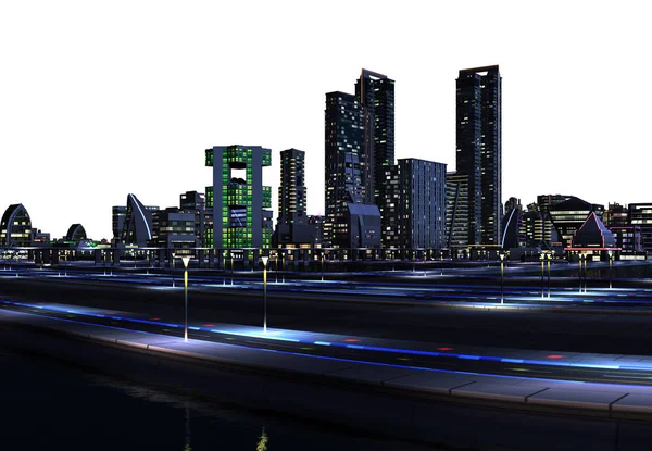 Renderizado Futuristic City Skyline Fundo Branco Ilustração — Fotografia de Stock