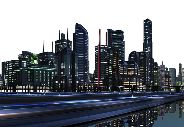 Renderelt Futurisztikus Város Skyline Fehér Háttér Illusztráció — Stock Fotó