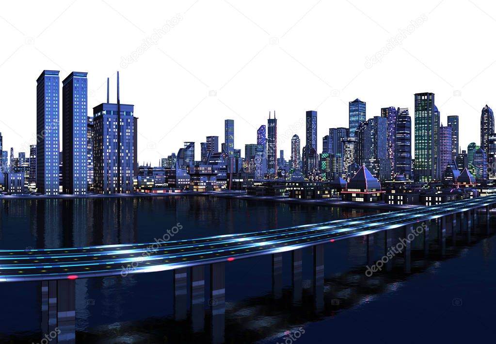3D Rendered Futuristic City Skyline on White Background - 3D Illustration