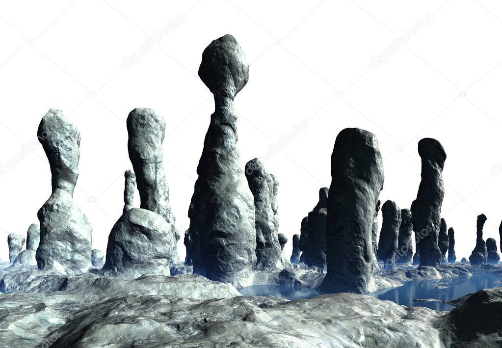3D Rendered Fantasy Alien Landscape With Abstract Formations on White Background - 3D Illustration